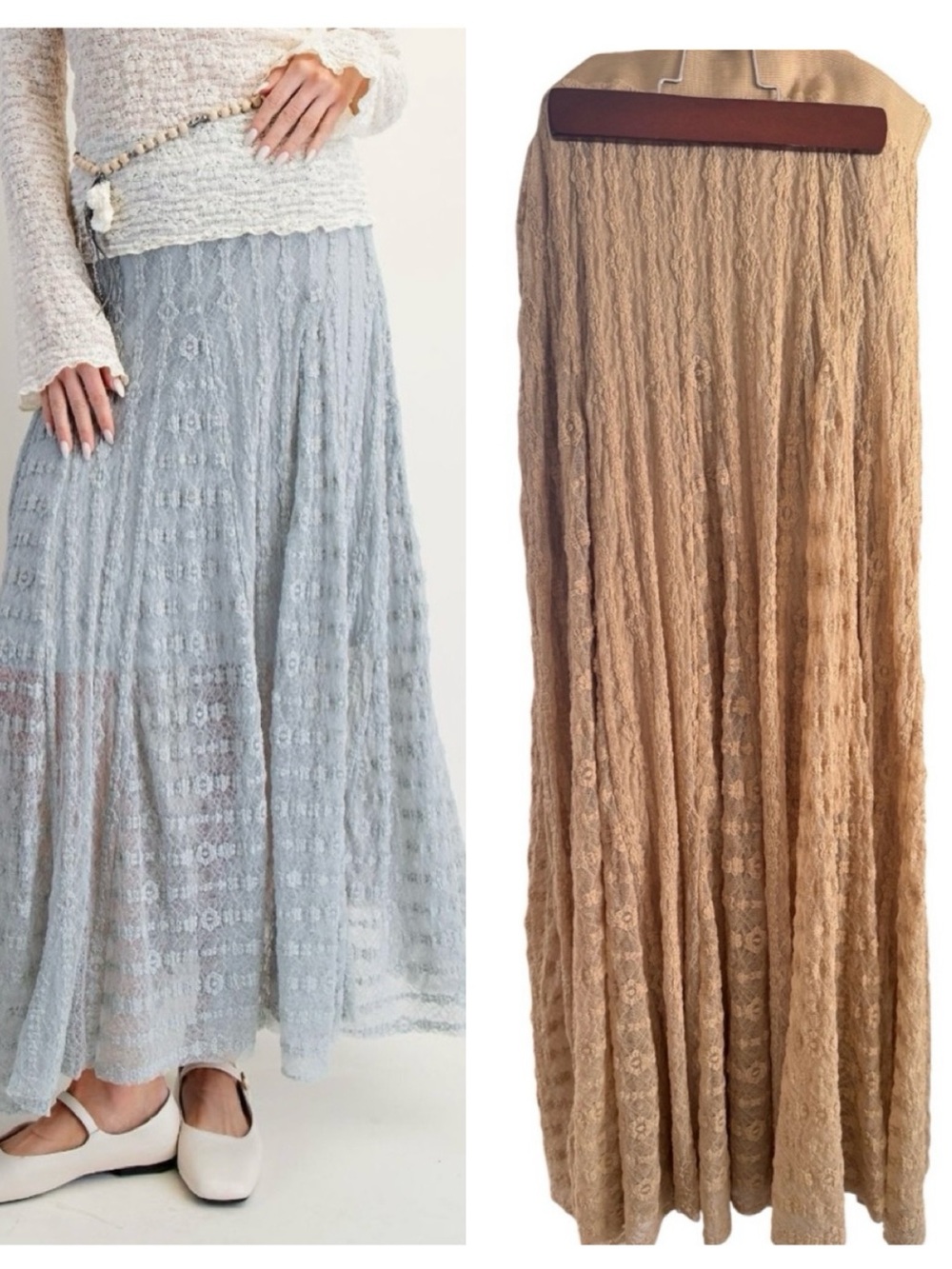 60% off-TAN Easel Los Angeles Lace Overlay Maxi Skirt | Elastic Waist | Lined